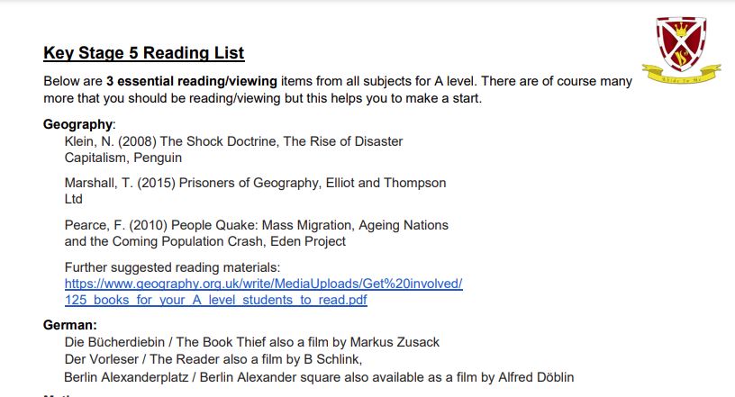 Key Stage 5 Suggested Reading List - Click to download