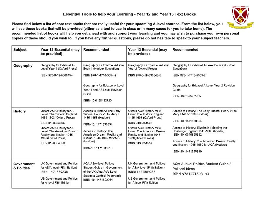 Image of the Sixth Form Text Books document - Click to download